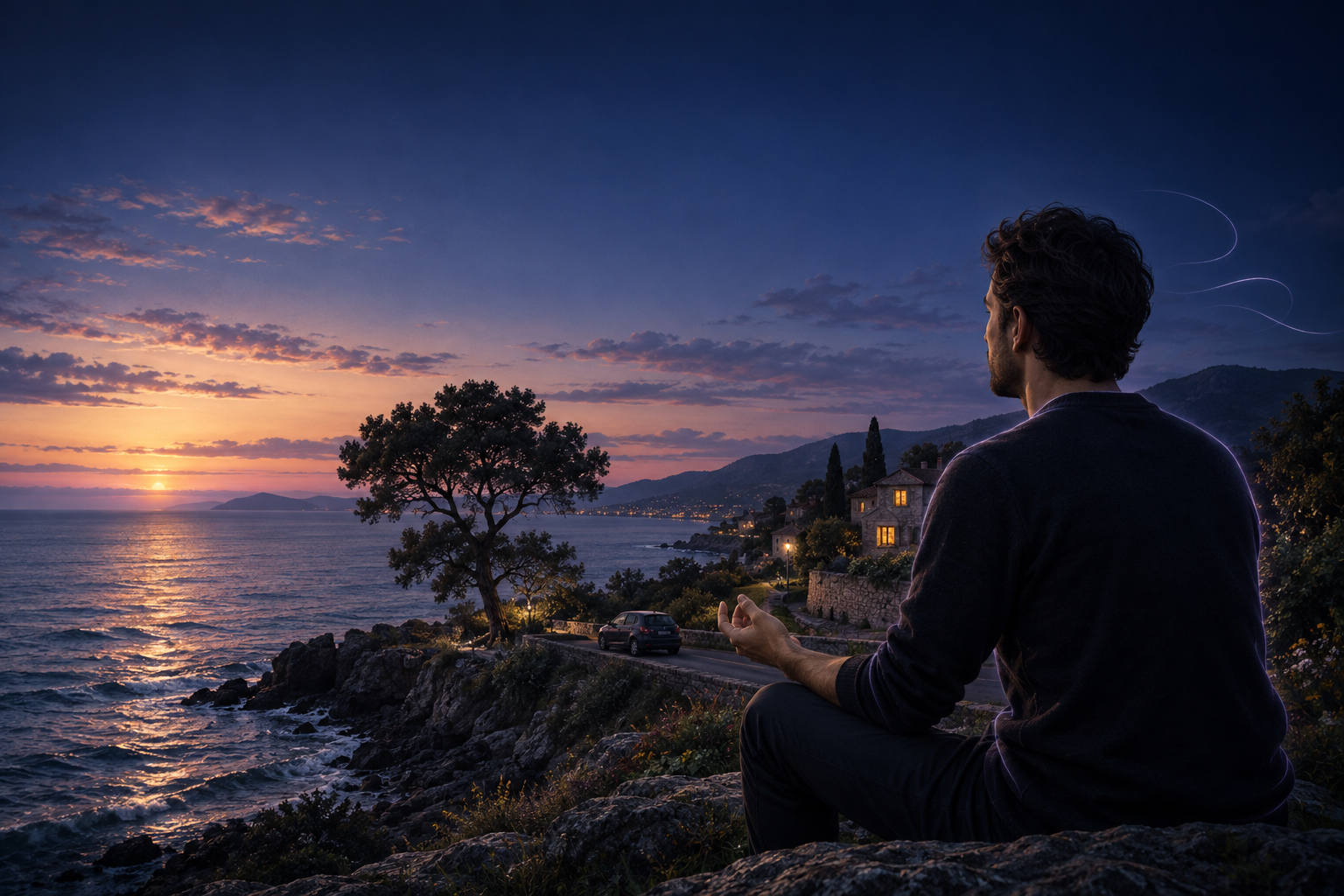 A person with an open hand beside the sea. A tree, a car, buildings and the person share one continuous twilight scene.