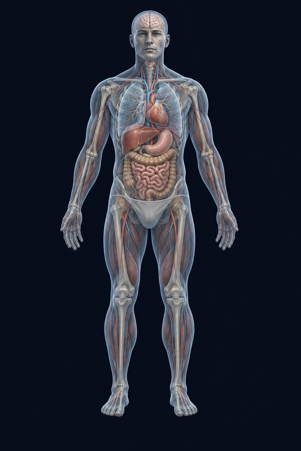 Front view of the human body with visible brain, lungs, heart, muscles and digestive organs