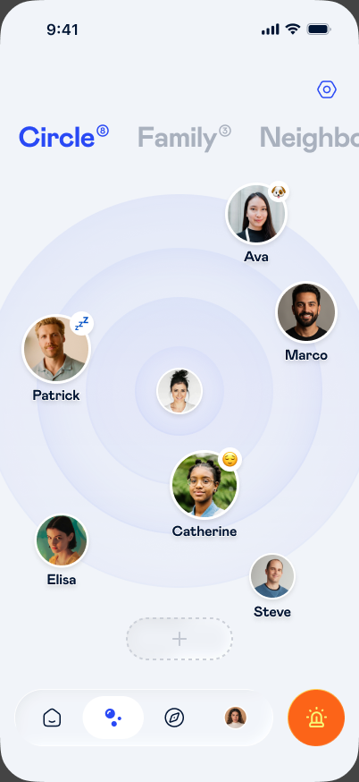 Glome Circle app design showing family and neighbours around the user