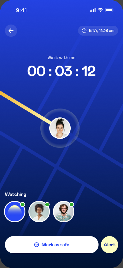 Glome Walk With Me app design with a journey timer and mark-as-safe control