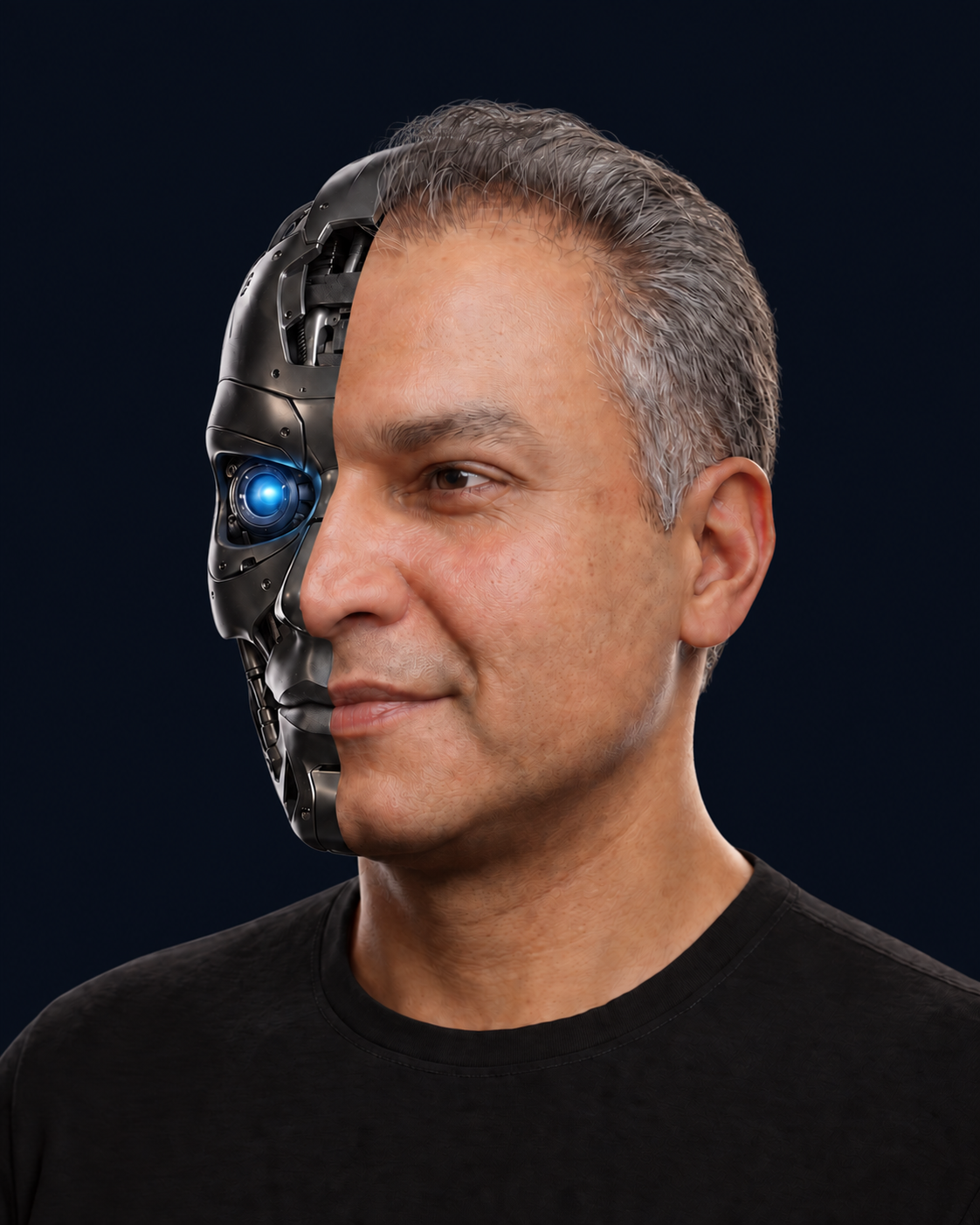 Shahzad Ali with a graphite cyborg half-face and blue eye, fading into the background